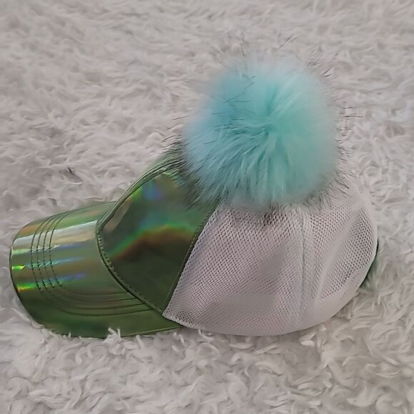 Green Holographic and Mesh  Hat With Pom Pom - Picture 3 of 7